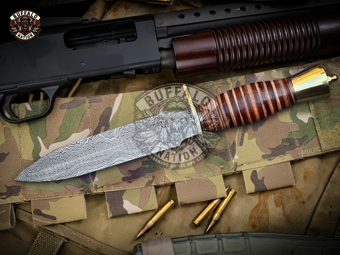 BF-11 Rattle Snake Damascus Dagger Knife Blade Knife with Brass Bolster and Leather Stacked Handle, Hunting Dagger Knife - Survival Edition - Image 3