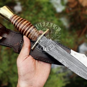 BF-11 Rattle Snake Damascus Dagger Knife Blade Knife with Brass Bolster and Leather Stacked Handle, Hunting Dagger Knife - Survival Edition