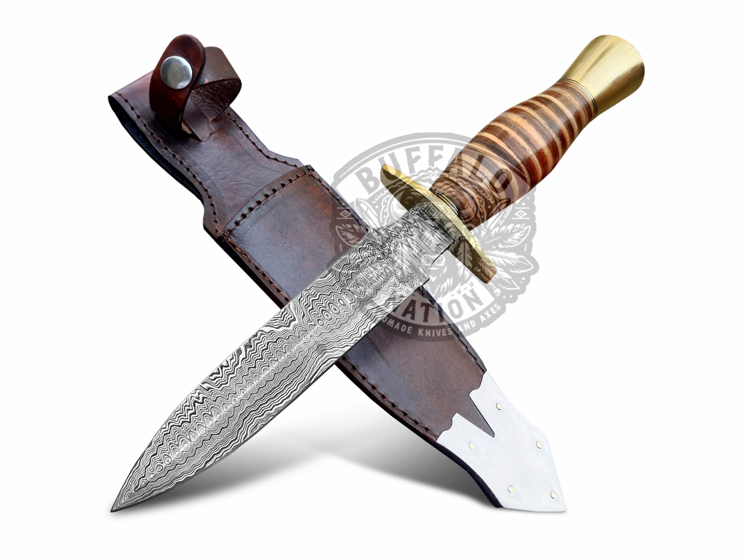 BF-11 Rattle Snake Damascus Dagger Knife Blade Knife with Brass Bolster and Leather Stacked Handle, Hunting Dagger Knife - Survival Edition - Image 2
