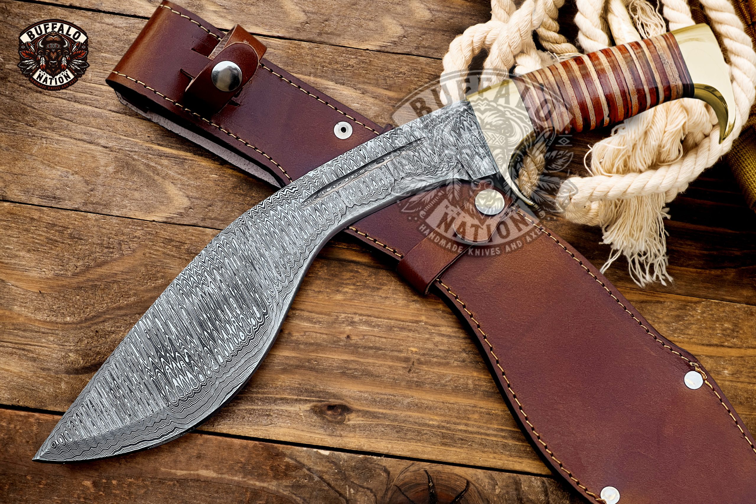 BF-10 Brown Bear Damascus Steel Kukri Knife , Hunting Knife Kukri, Leather Stacked Handle Kukri - Survival Edition - Image 5