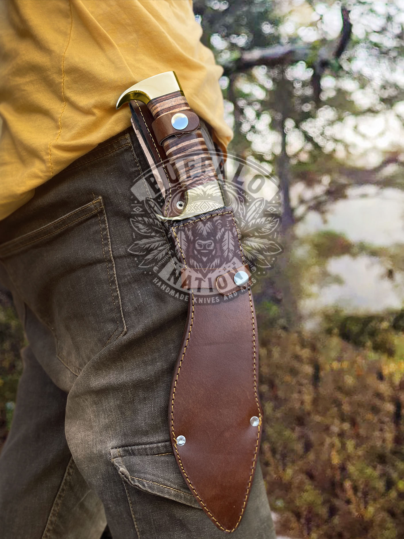 BF-10 Brown Bear Damascus Steel Kukri Knife , Hunting Knife Kukri, Leather Stacked Handle Kukri - Survival Edition - Image 3