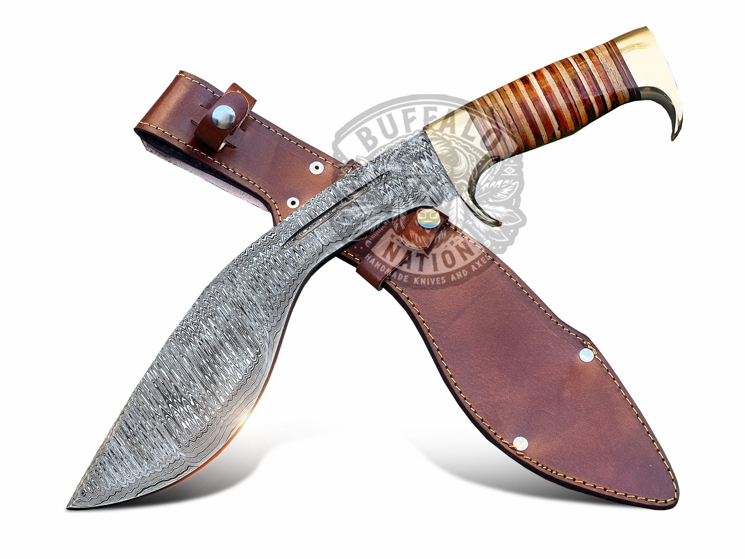 BF-10 Brown Bear Damascus Steel Kukri Knife , Hunting Knife Kukri, Leather Stacked Handle Kukri - Survival Edition - Image 2