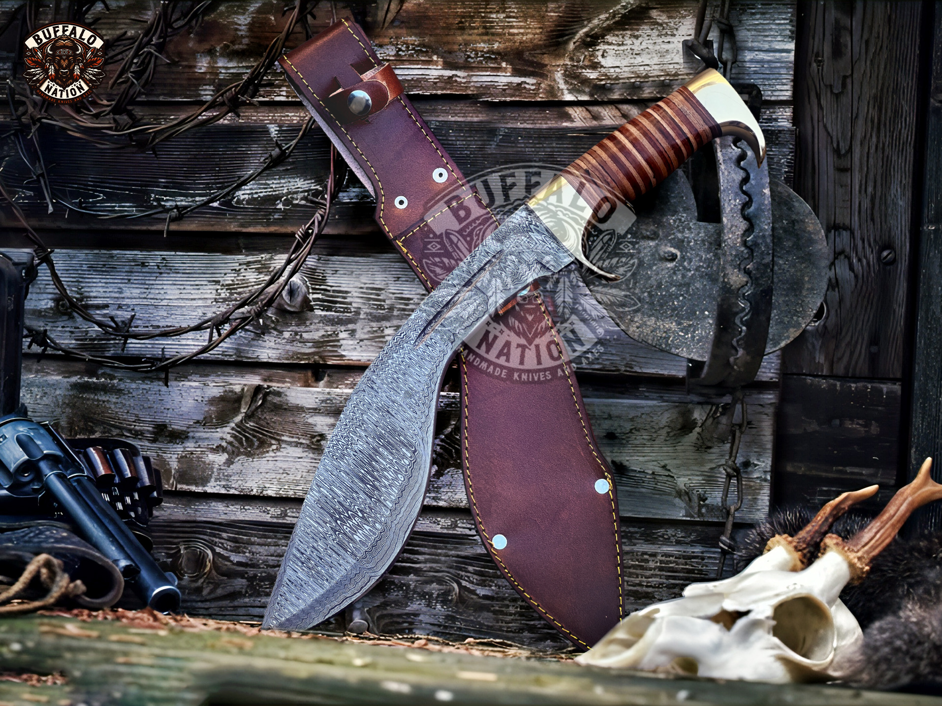 BF-10 Brown Bear Damascus Steel Kukri Knife , Hunting Knife Kukri, Leather Stacked Handle Kukri - Survival Edition - Image 4